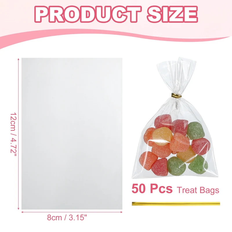 Treat Bags 50 Pcs 5x3 Inch Candy Gift Bags with Twist Ties Clear