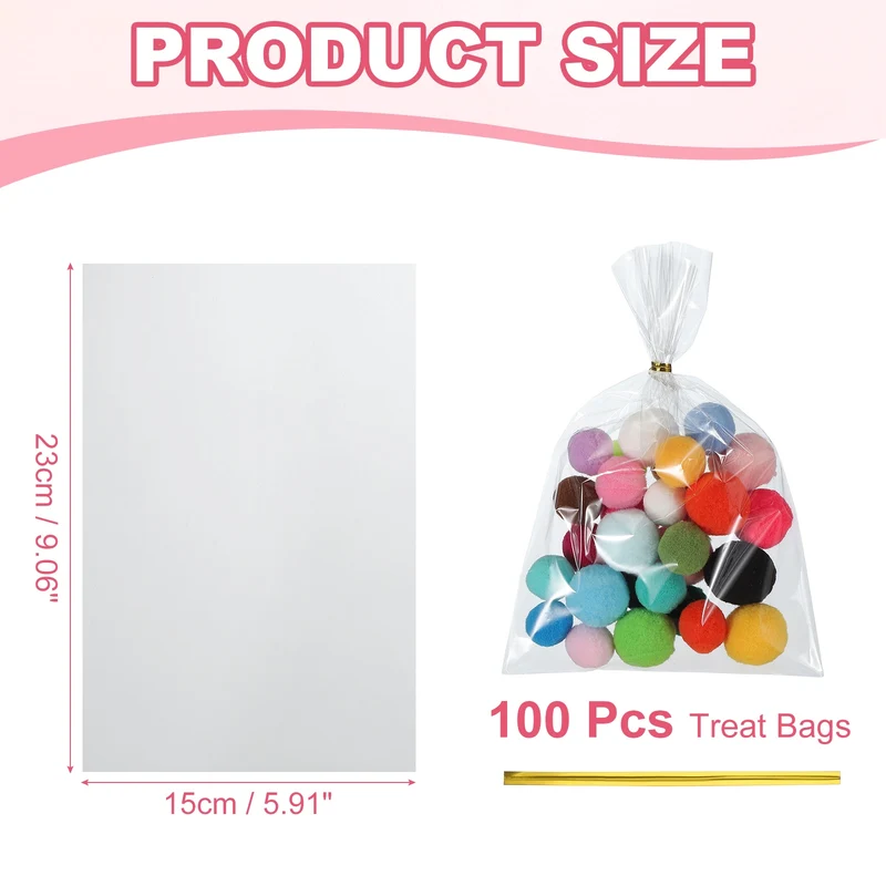 Treat Bags 100 Pcs 9x6 Inch Candy Gift Bags with Twist Ties Clear