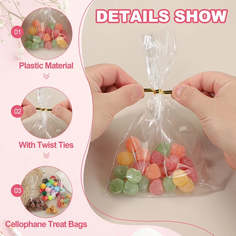 Treat Bags 100 Pcs 9.5x6 Inch Candy Gift Bags with Twist Ties Clear