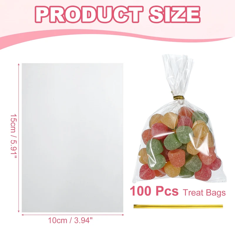 Treat Bags 100 Pcs 6x4 Inch Candy Gift Bags with Twist Ties Clear