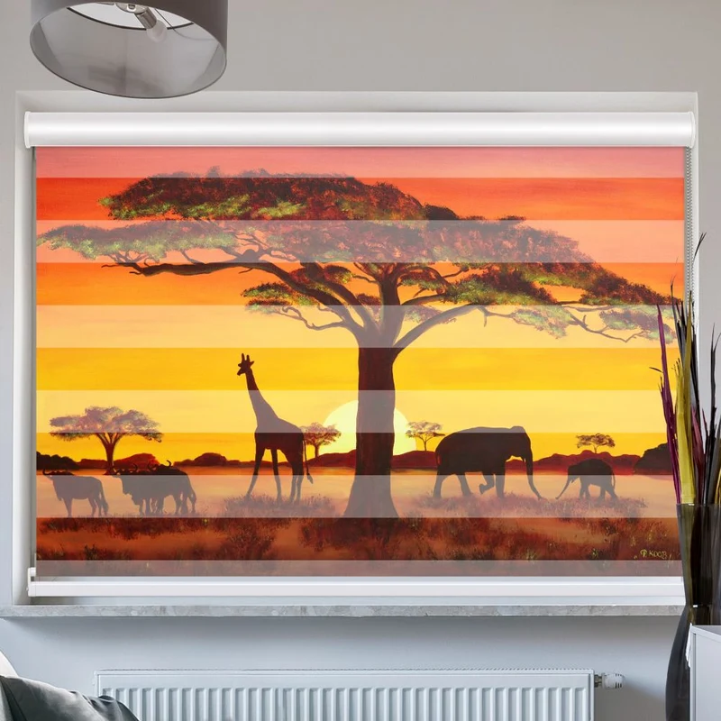 Doppelrollo mit Kassette "Afrika Tiere Gemaelde"
