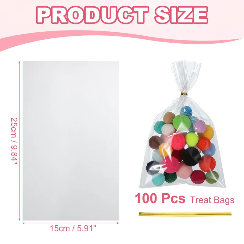 Treat Bags 100 Pcs 10x6 Inch Candy Gift Bags with Twist Ties Clear