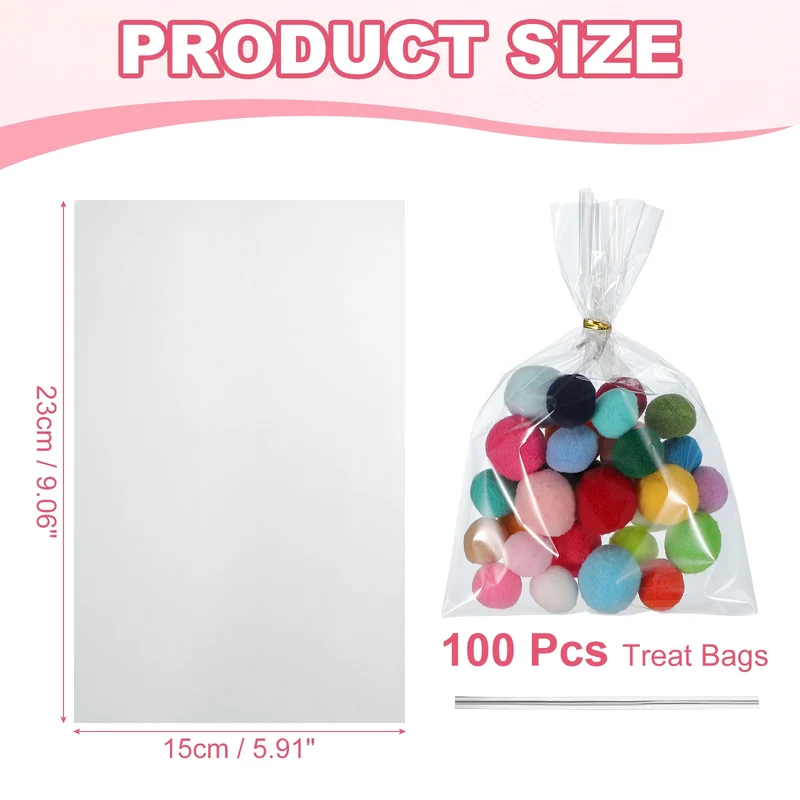 Treat Bags 100 Pcs 9x6 Inch Candy Gift Bags with Twist Ties Transparent