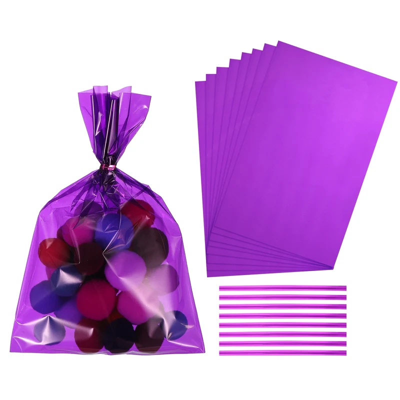 Treat Bags 100 Pcs 9x6 Inch Candy Gift Bags with Twist Ties Purple