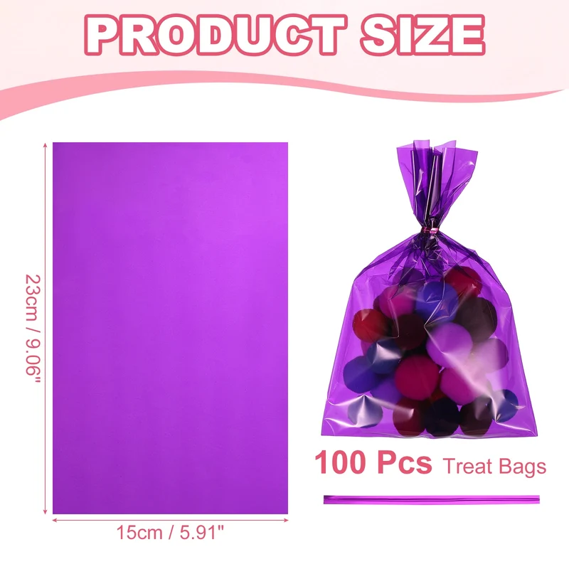 Treat Bags 100 Pcs 9x6 Inch Candy Gift Bags with Twist Ties Purple