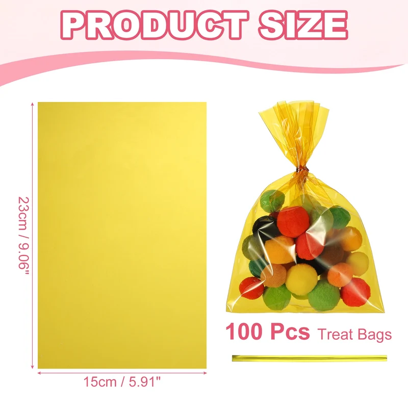 Treat Bags 100 Pcs 9x6 Inch Candy Gift Bags with Twist Ties Yellow