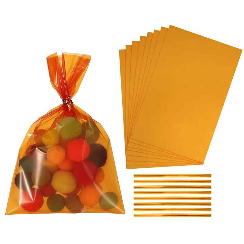 Treat Bags 100 Pcs 9x6 Inch Candy Gift Bags with Twist Ties Orange