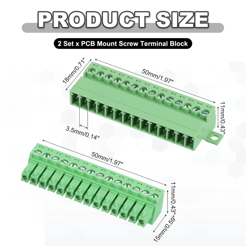 2Sets 14Pin 3.5mm Pitch Screw Terminal Block Connector Pluggable 300V 8A Green