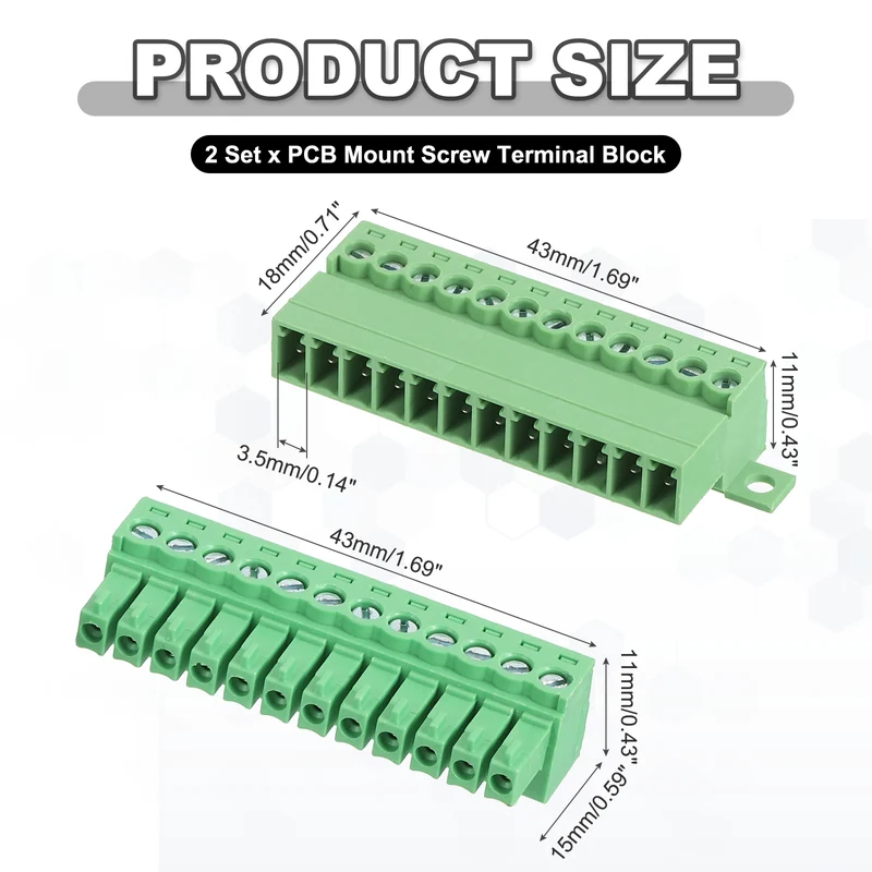 2Sets 12Pin 3.5mm Pitch Screw Terminal Block Connector Pluggable 300V 8A Green