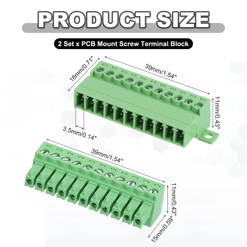 2Sets 11Pin 3.5mm Pitch Screw Terminal Block Connector Pluggable 300V 8A Green