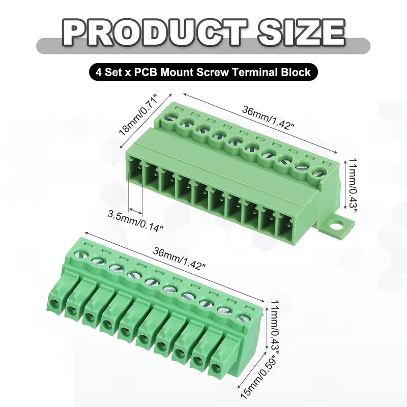 4Sets 10Pin 3.5mm Pitch Screw Terminal Block Connector Pluggable 300V 8A Green
