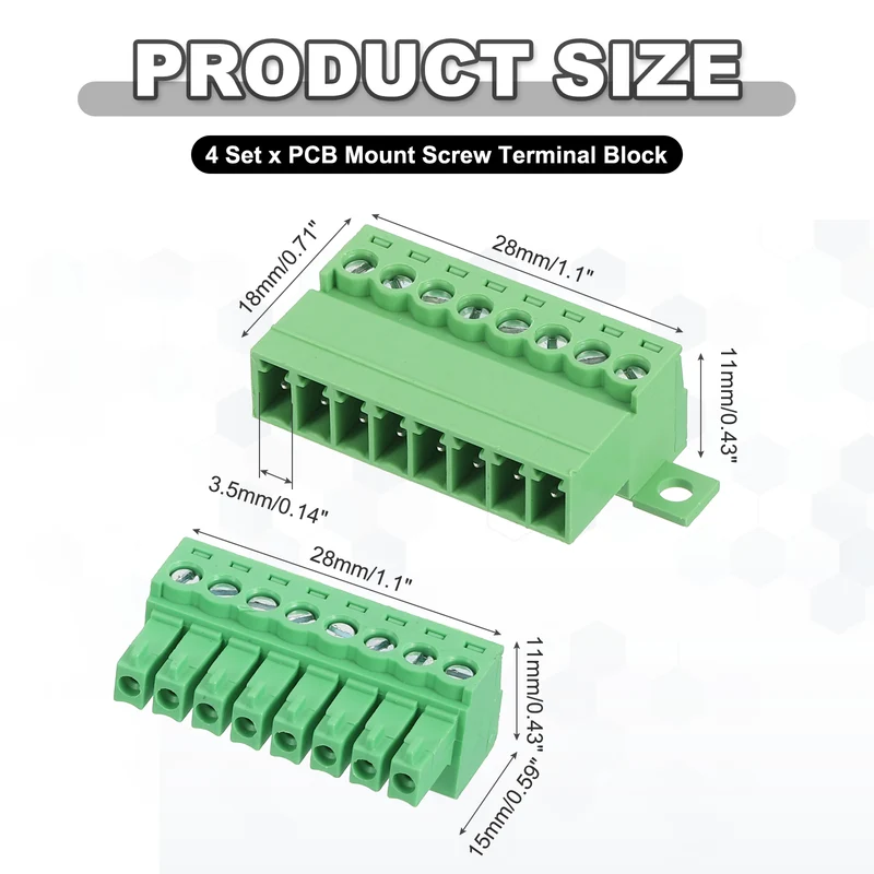 4Sets 8Pin 3.5mm Pitch Screw Terminal Block Connector Pluggable 300V 8A Green