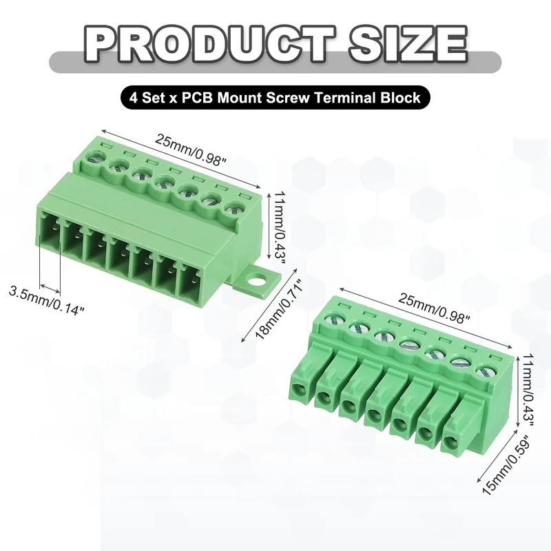 4Sets 7Pin 3.5mm Pitch Screw Terminal Block Connector Pluggable 300V 8A Green