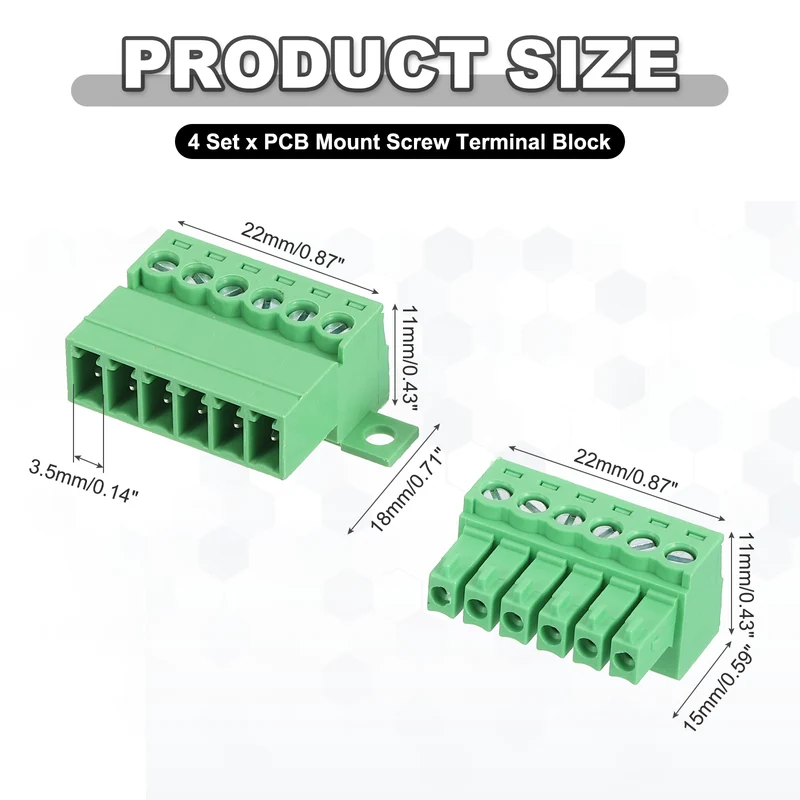 4Sets 6Pin 3.5mm Pitch Screw Terminal Block Connector Pluggable 300V 8A Green