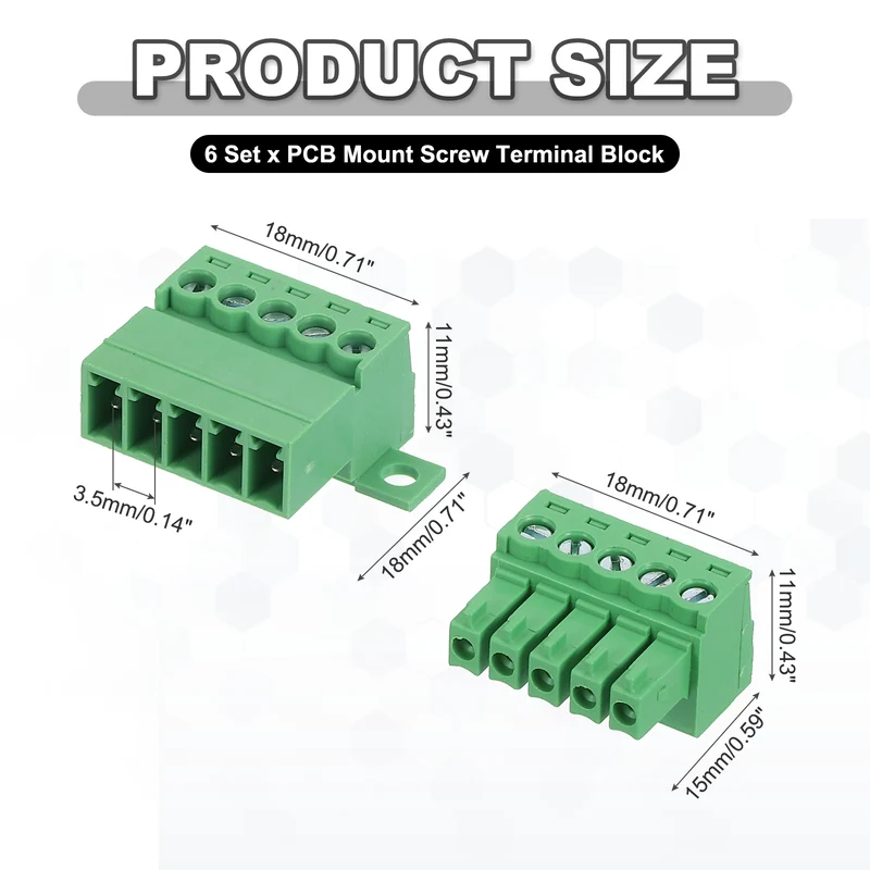 6Sets 5Pin 3.5mm Pitch Screw Terminal Block Connector Pluggable 300V 8A Green