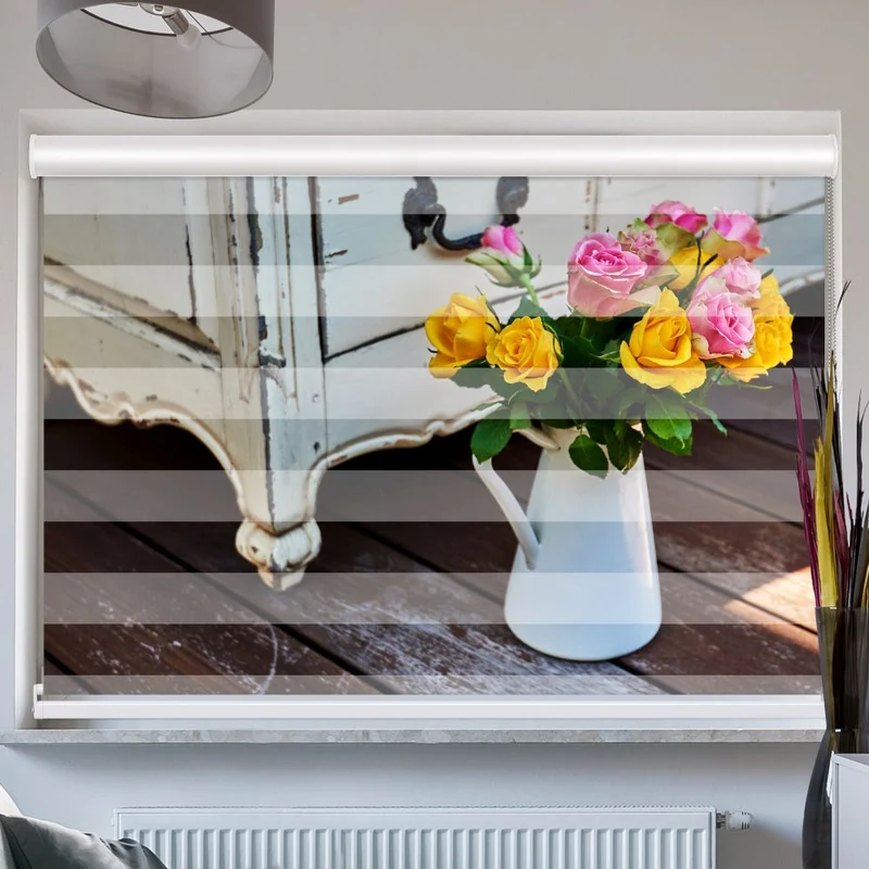 Doppelrollo mit Kassette "Shabby Chic Rosen In Vase"