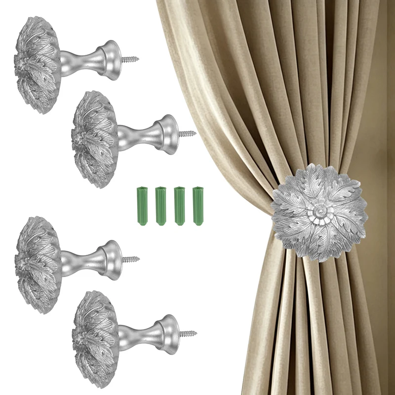4Pcs Curtain Holdbacks Leaf Window Drapery Medallion Holdbacks, Silver