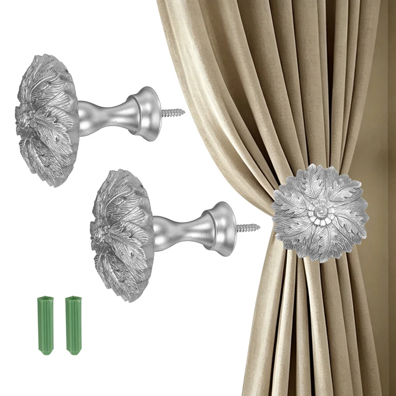2Pcs Curtain Holdbacks Leaf Window Drapery Medallion Holdbacks, Silver