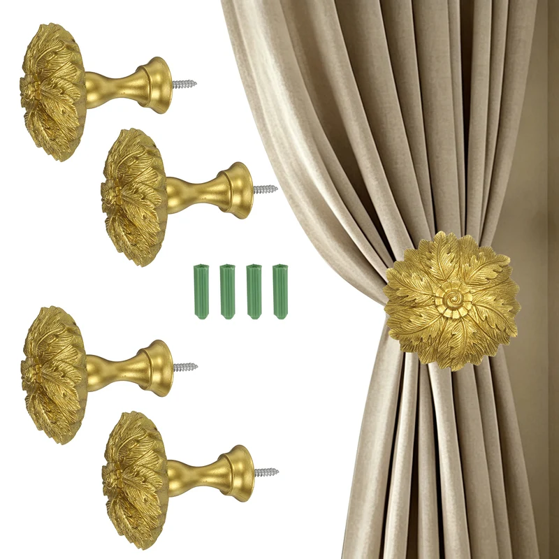4Pcs Curtain Holdbacks Leaf Window Drapery Medallion Holdbacks, Gold