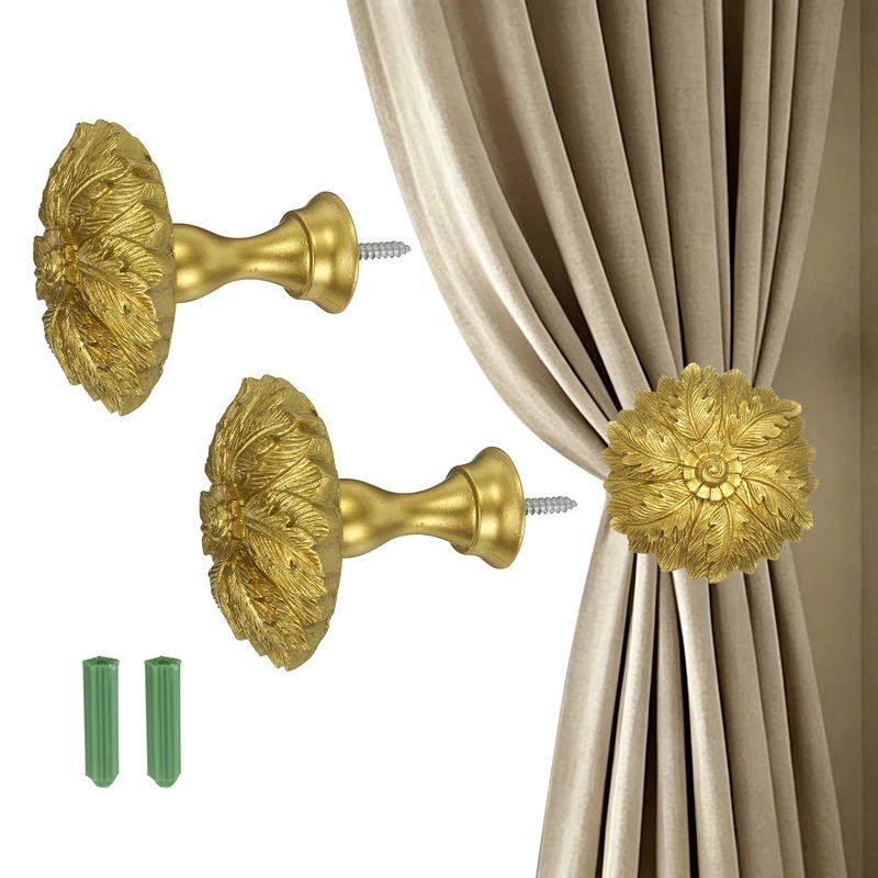 2Pcs Curtain Holdbacks Leaf Window Drapery Medallion Holdbacks, Gold