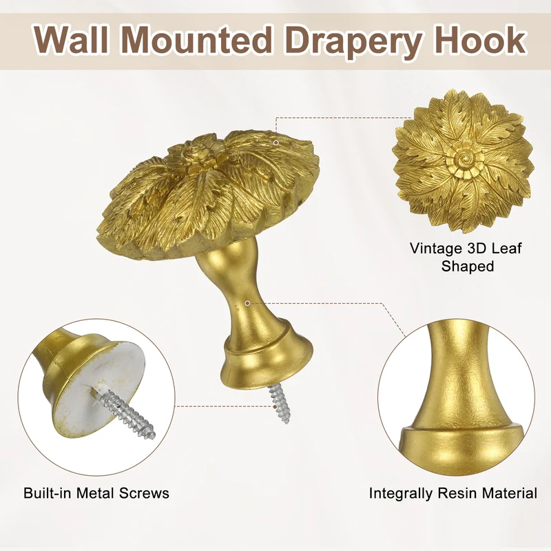 2Pcs Curtain Holdbacks Leaf Window Drapery Medallion Holdbacks, Gold