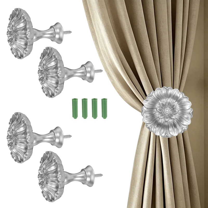 4Pcs Curtain Holdbacks Blossom Window Drapery Medallion Holdbacks, Silver