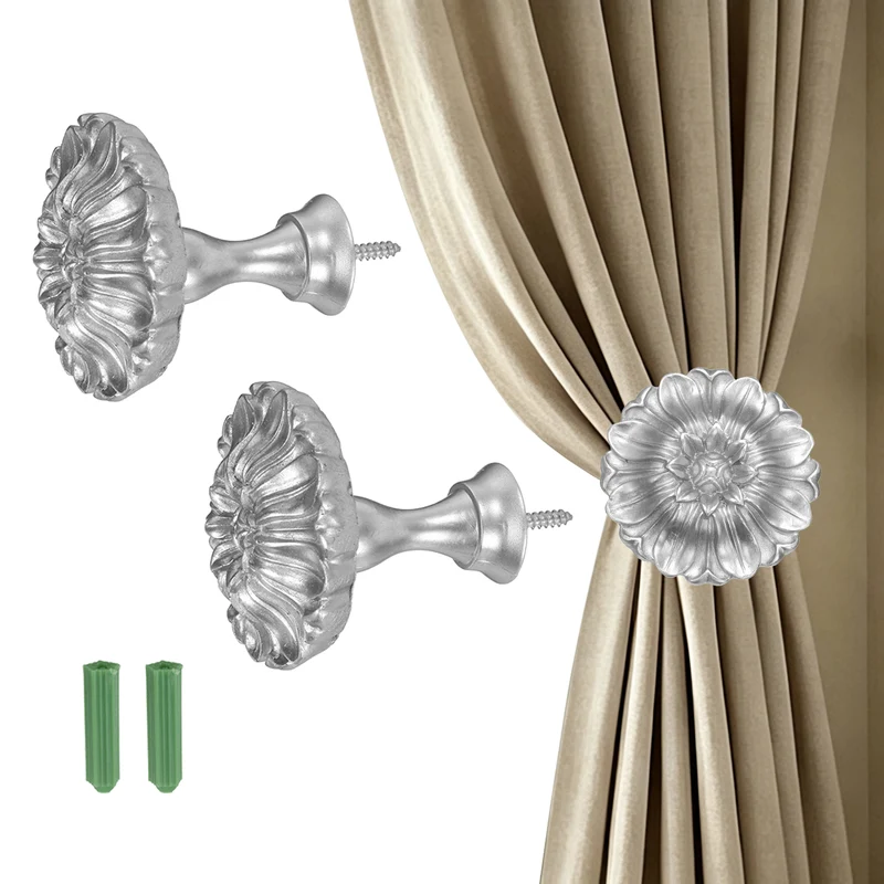2Pcs Curtain Holdbacks Blossom Window Drapery Medallion Holdbacks, Silver