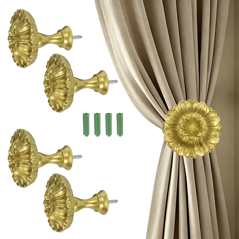 4Pcs Curtain Holdbacks Blossom Window Drapery Medallion Holdbacks, Gold