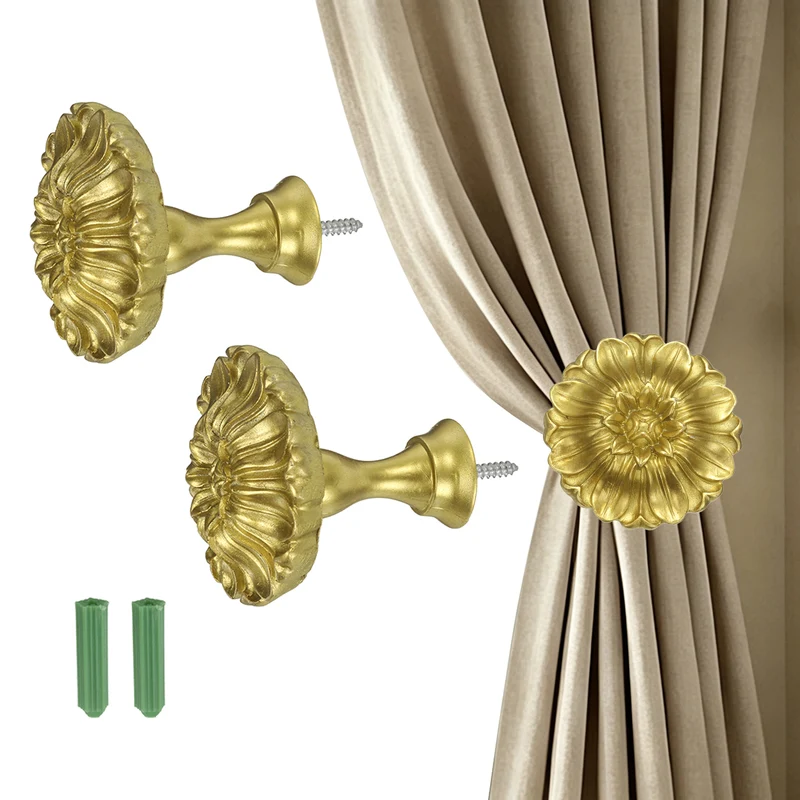 2Pcs Curtain Holdbacks Blossom Window Drapery Medallion Holdbacks, Gold