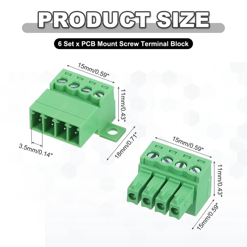 6Sets 4Pin 3.5mm Pitch Screw Terminal Block Connector Pluggable 300V 8A Green