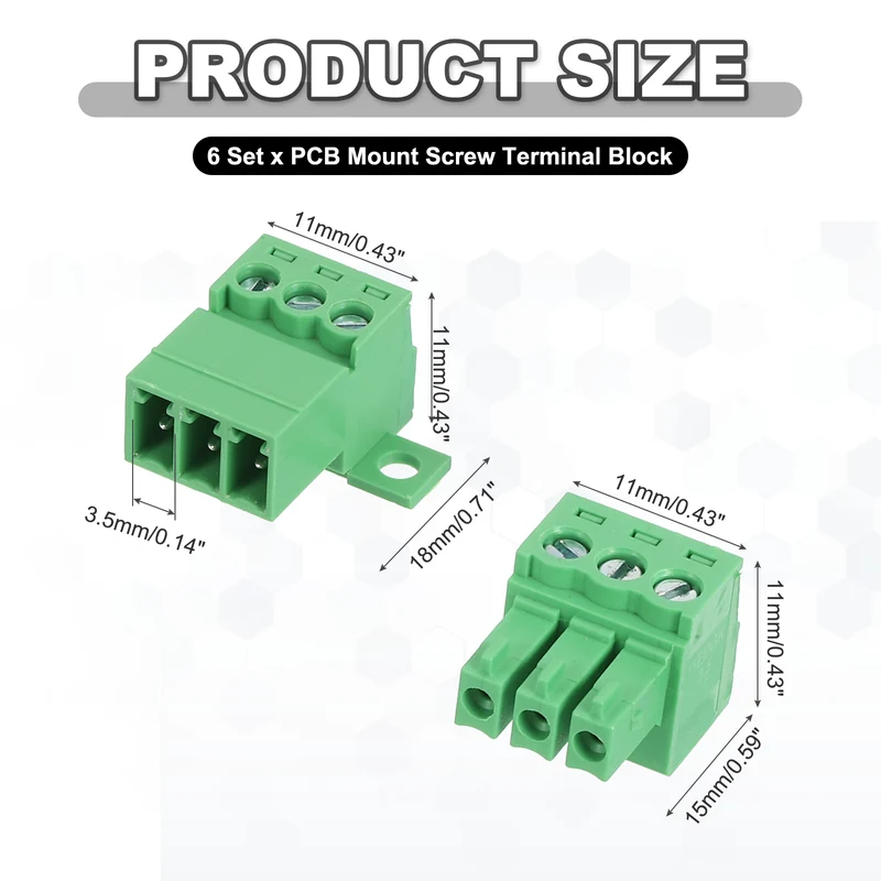 6Sets 3Pin 3.5mm Pitch Screw Terminal Block Connector Pluggable 300V 8A Green