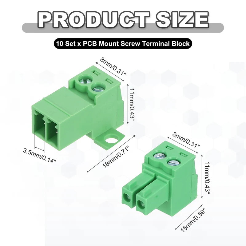 10Sets 2Pin 3.5mm Pitch Screw Terminal Block Connector Pluggable 300V 8A Green