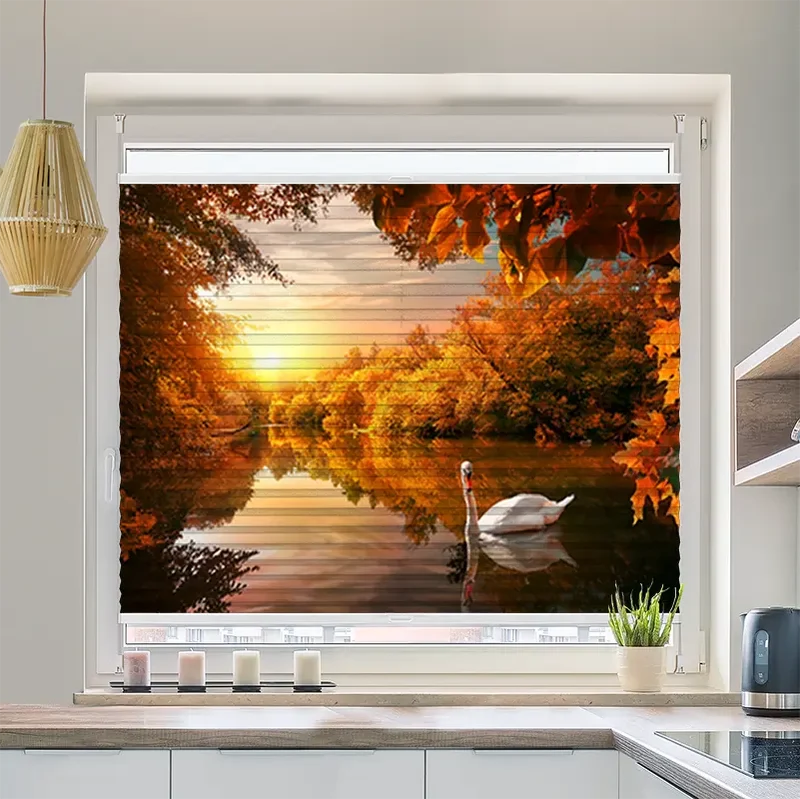 Wabenplissee Motiv "Schwan auf Herbstteich"