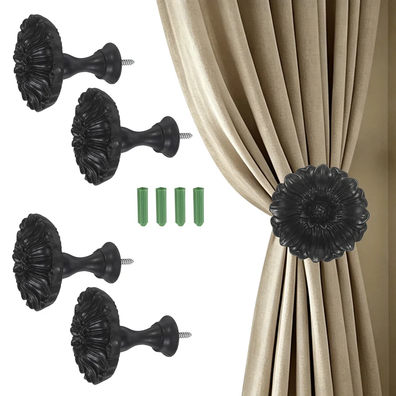 4Pcs Curtain Holdbacks Blossom Window Drapery Medallion Holdbacks, Black
