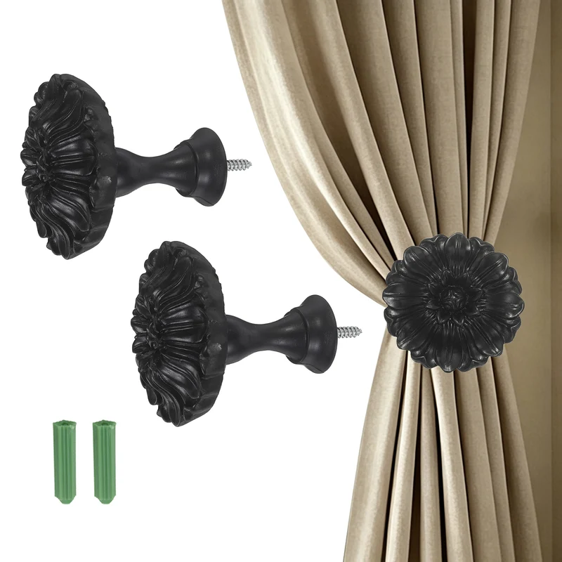 2Pcs Curtain Holdbacks Blossom Window Drapery Medallion Holdbacks, Black