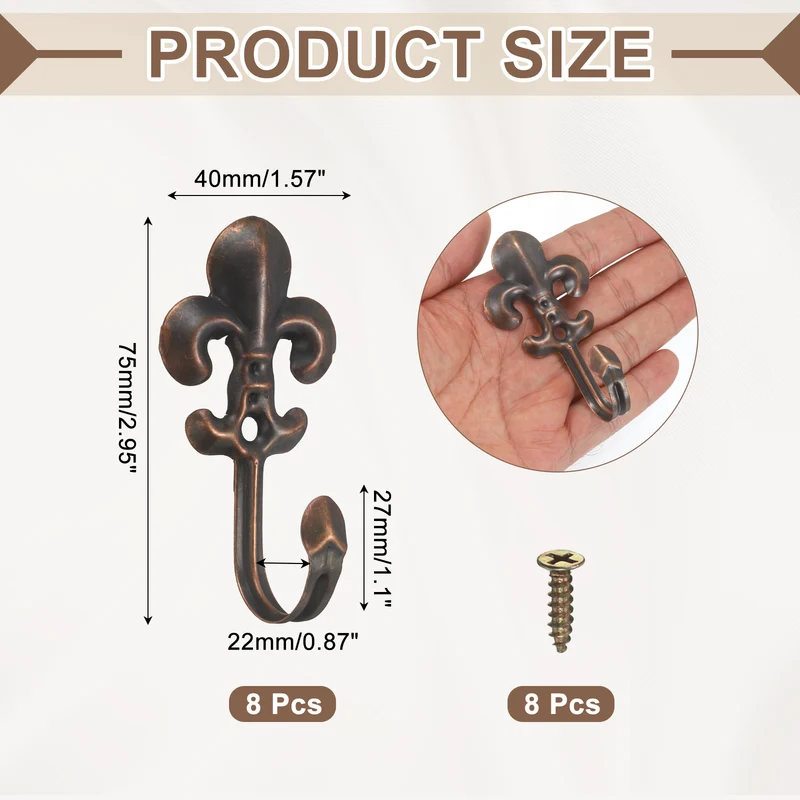8Pcs Decorative Wall Hooks Flower Wall Mounted Hanging Hooks, Coppery