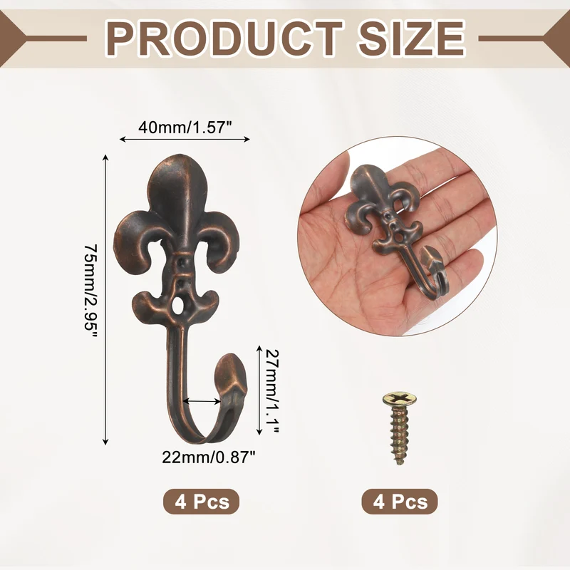 4Pcs Decorative Wall Hooks Flower Wall Mounted Hanging Hooks, Coppery
