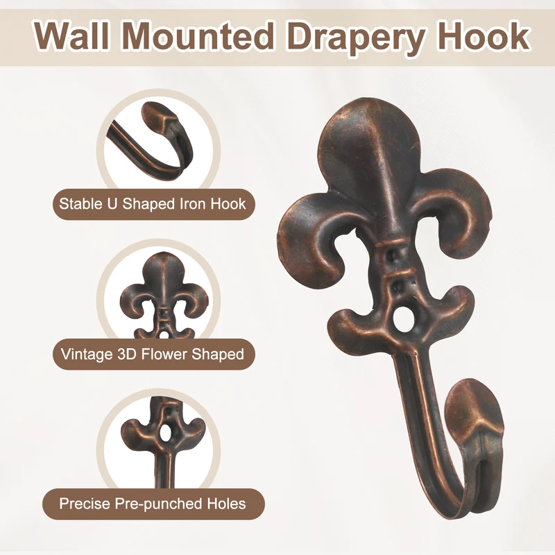 4Pcs Decorative Wall Hooks Flower Wall Mounted Hanging Hooks, Coppery