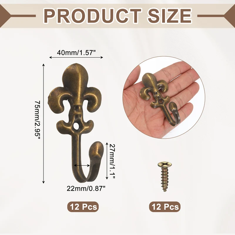 12Pcs Decorative Wall Hooks Flower Wall Mounted Hanging Hooks, Bronze