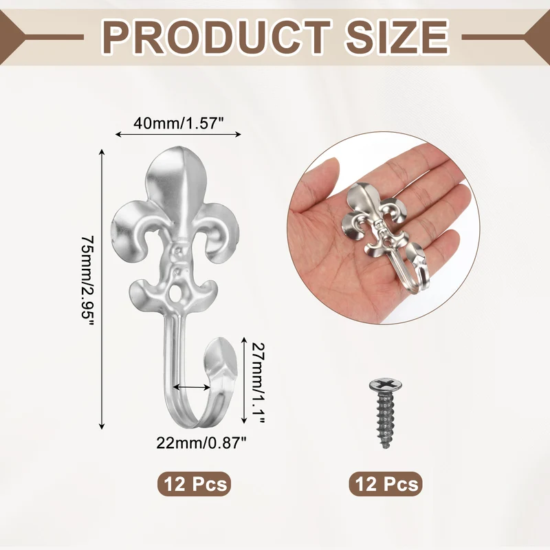 12Pcs Decorative Wall Hooks Flower Wall Mounted Hanging Hooks, Silver