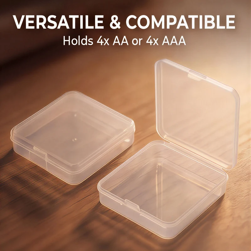2Pcs 4 x AA/AAA Battery Organizer Clear Storage Case Holder, 6.5x6.5x2cm