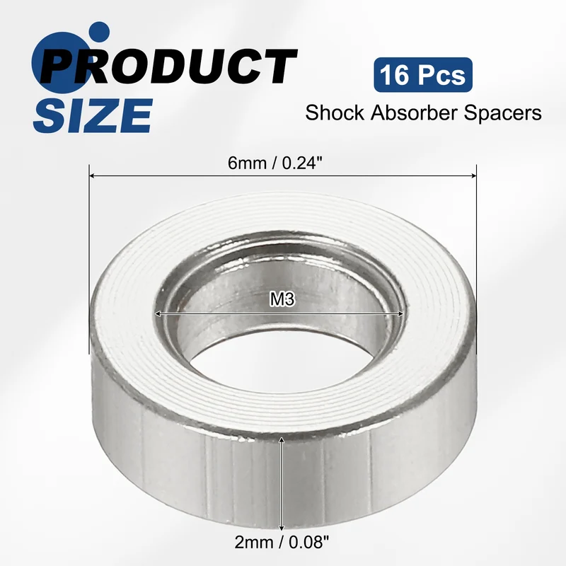 16Pcs Aluminum RC Shock Absorber Spacers, M3x6x2mm(IDxODxT) Silver