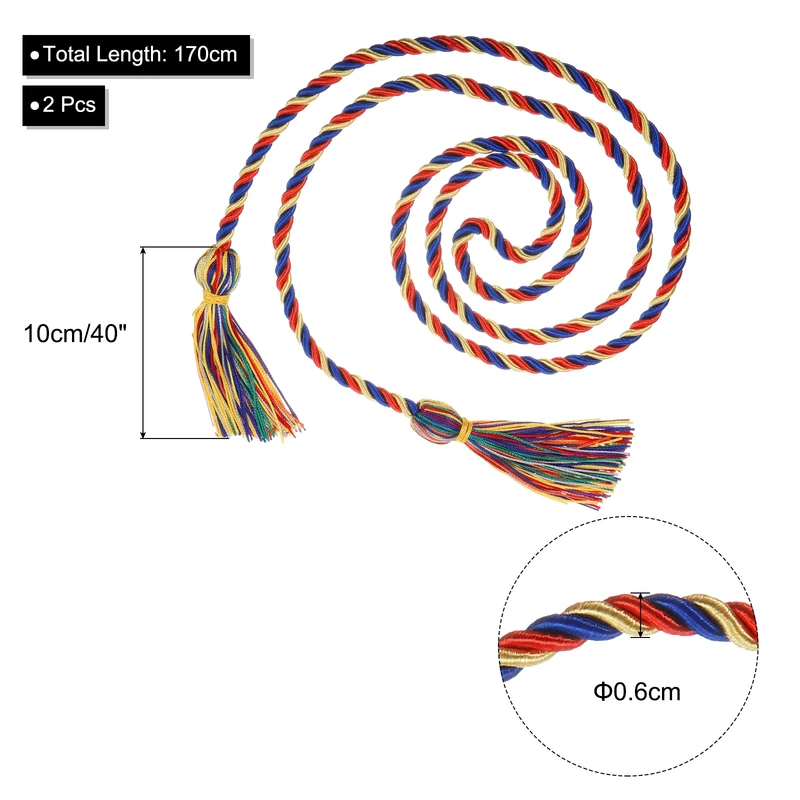 2Pcs 67" Graduation Honor Cord Tassel Braided Graduation Rope Blue/Red/Yellow