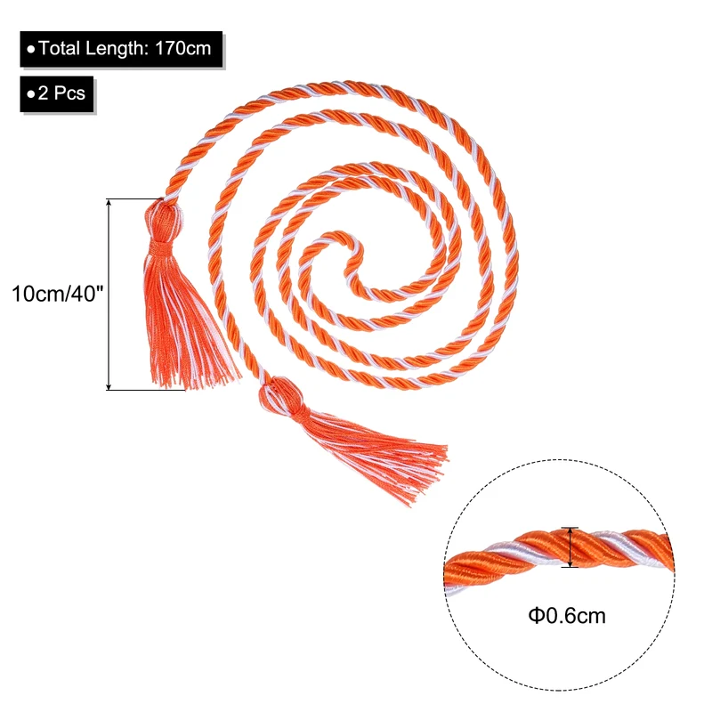 2Pcs 67" Graduation Honor Cord with Tassel Braided Graduation Rope Orange/White