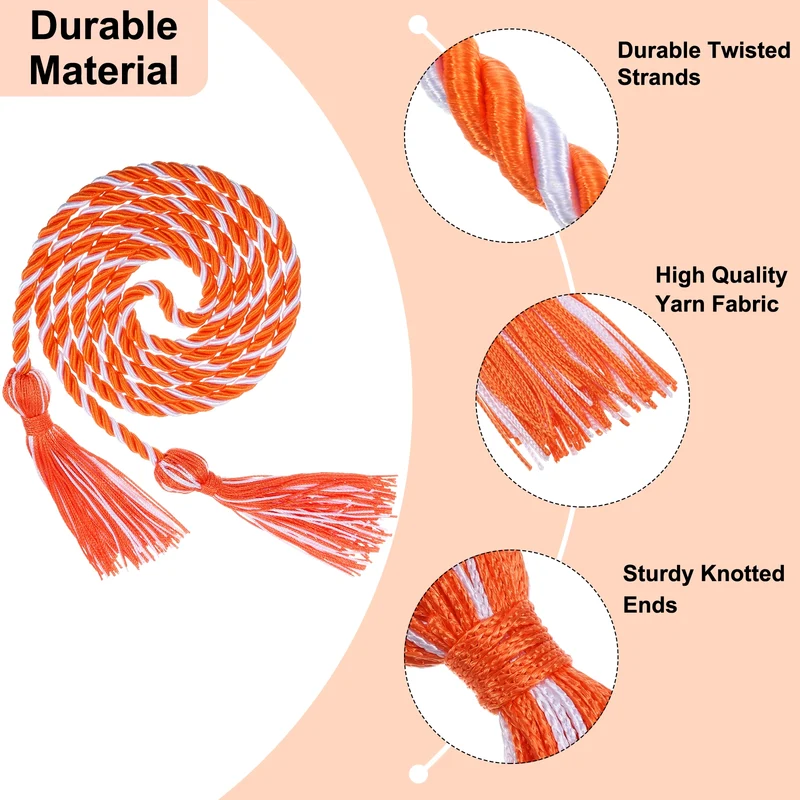 2Pcs 67" Graduation Honor Cord with Tassel Braided Graduation Rope Orange/White