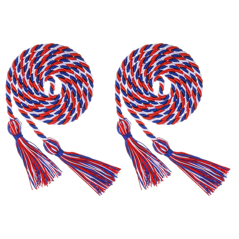 2Pcs 67" Graduation Honor Cord Tassel Braided Graduation Rope Blue/Red/White