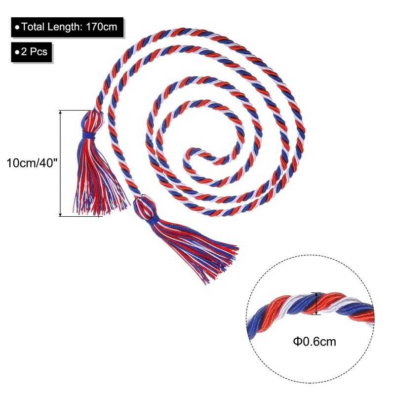 2Pcs 67" Graduation Honor Cord Tassel Braided Graduation Rope Blue/Red/White