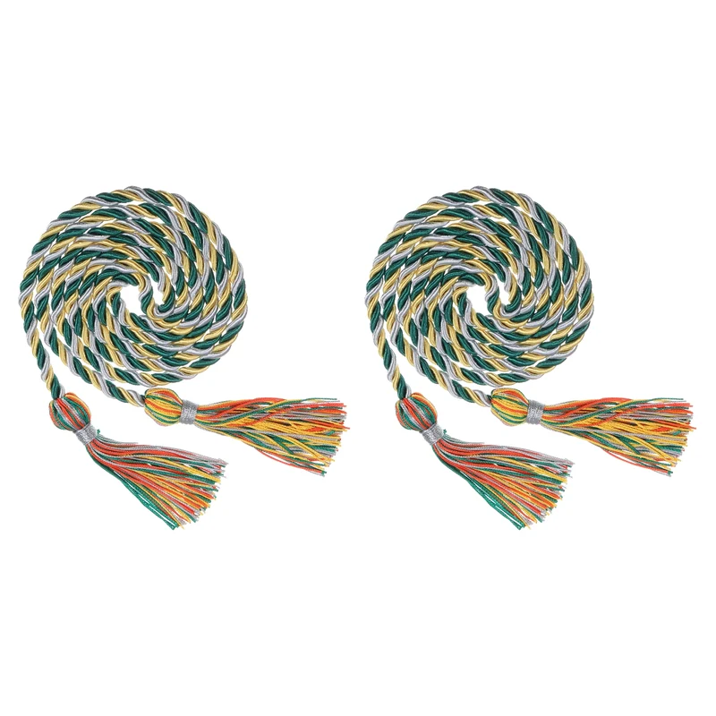 2Pcs 67" Graduation Honor Cord Tassel Braided Graduation Rope Green/White/Yellow