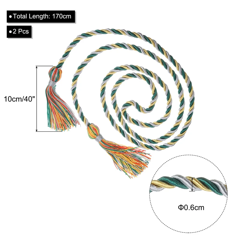 2Pcs 67" Graduation Honor Cord Tassel Braided Graduation Rope Green/White/Yellow