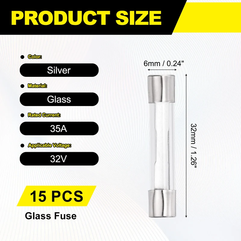 15Pcs 35A 32VDC Glass Fuse 6x32mm Slow Blow Time Delay Automotive Fuse